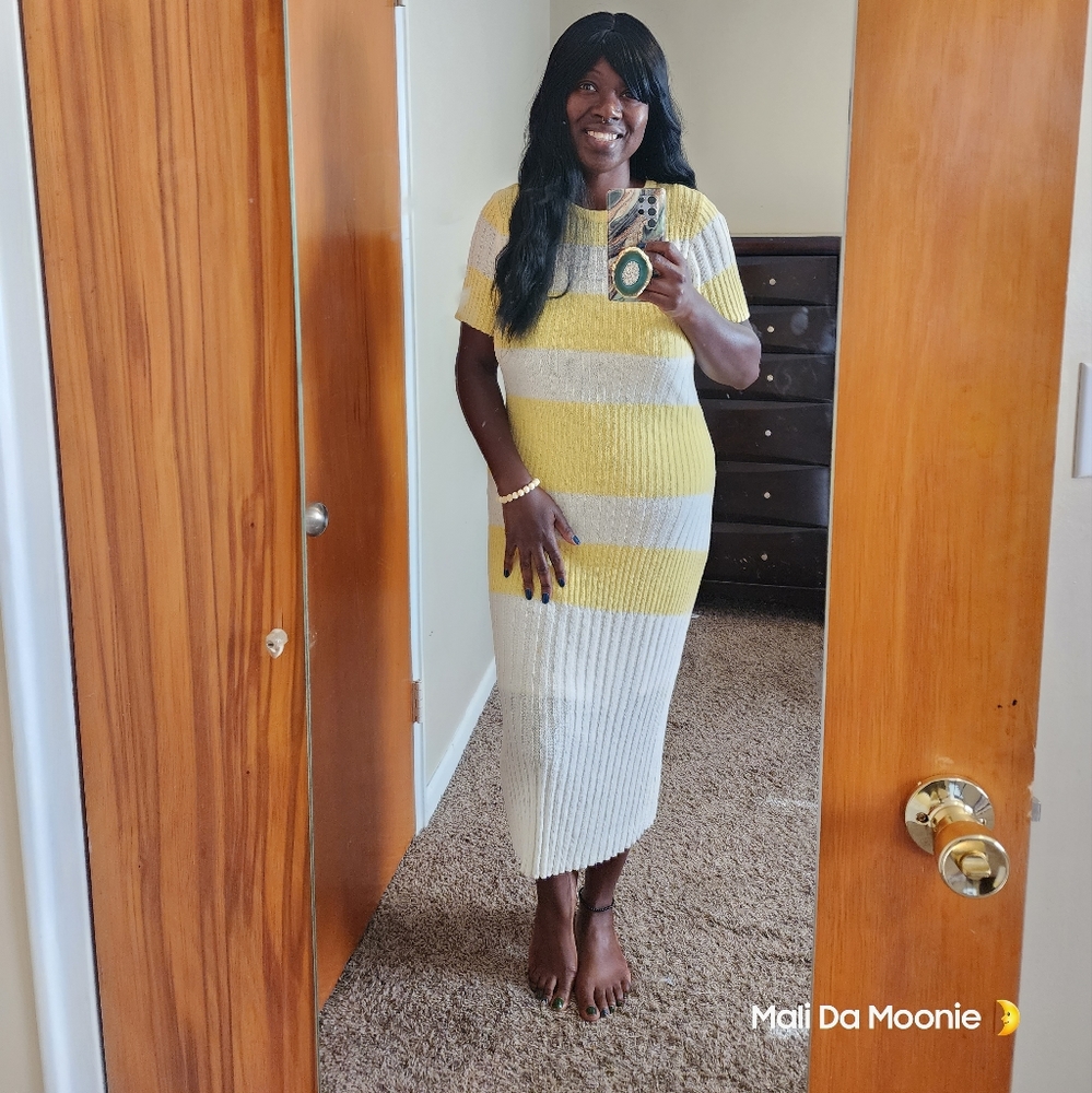 NY&C Eva Mendes Striped Sweater Dress - XL White and Yellow